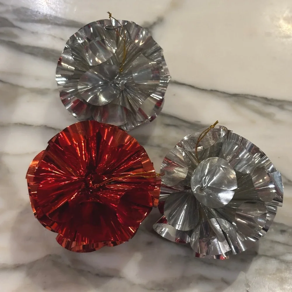 Vintage Tinsel Foil Pom Pom Ornaments Red Silver 3pc Retro